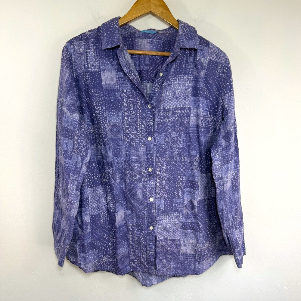 J. McLaughlin‎ Button Front Purple Patchwork Geometric Coastal Boho Top Large